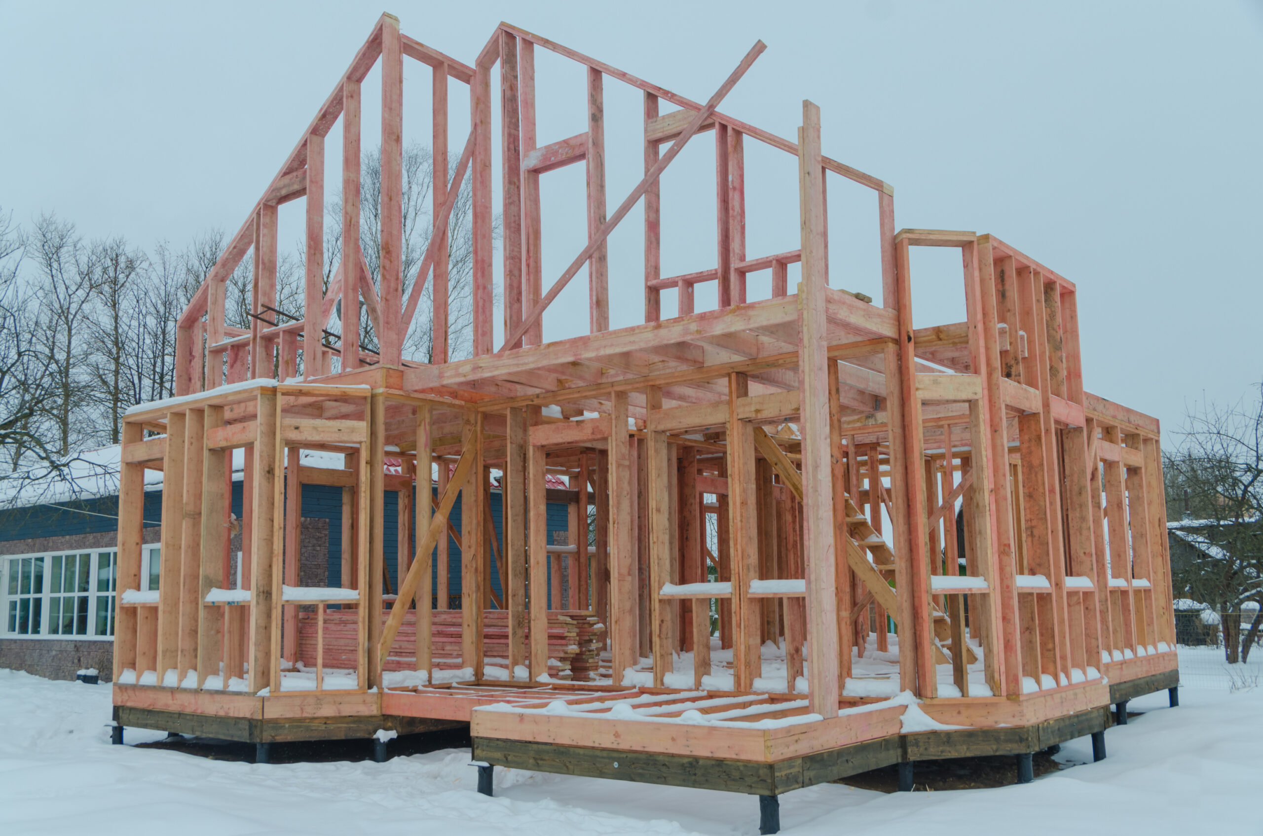 construction of a timber frame house on screw piles